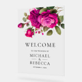 Fuchsia Hot Pink Roses Wedding Welcome アクリルサイン (傾斜)
