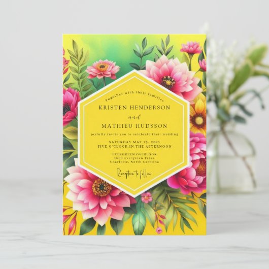 Fuchsia Lush Tropical Wedding 招待状 (スタンド正面)
