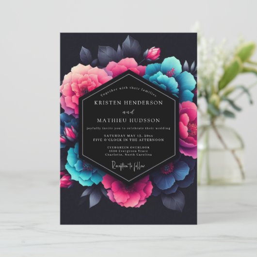 Fuchsia Neon Bloom Wedding 招待状 (スタンド正面)