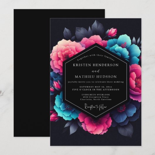 Fuchsia Neon Bloom Wedding 招待状 (正面/裏面)