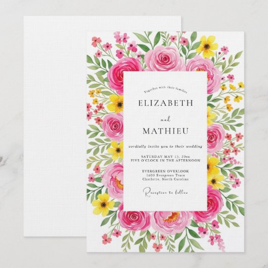Fuchsia Painterly Flora Wedding 招待状 (正面/裏面)