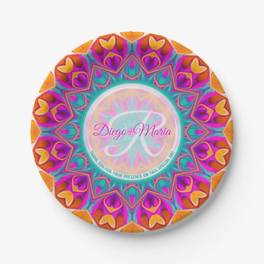 Fuchsia Pink Aqua Orange Party Mandala Monogram ペーパープレート (正面)