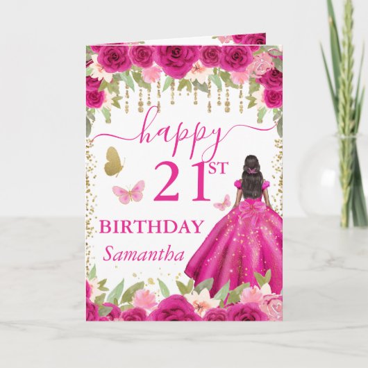 Fuchsia Pink Dress Dark Skin Princess Birthday カード (正面)