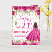 Fuchsia Pink Dress Dark Skin Princess Birthday カード (黄色い花)