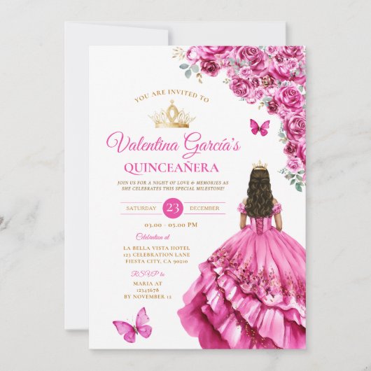 Fuchsia Pink Dress Quinceañera 15 Anos Floral Gold 招待状 (正面)