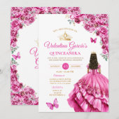 Fuchsia Pink Dress Quinceañera 15 Anos Floral Gold 招待状 (正面/裏面)
