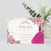 Fuchsia Pink Floral Gold Princess Gown Quinceanera 出欠カード (スタンド正面)