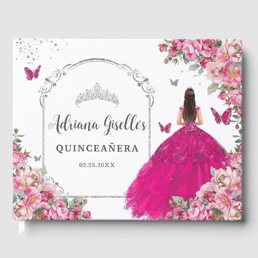 Fuchsia Pink Floral Princess Silver Quinceañera  ゲストブック (正面)