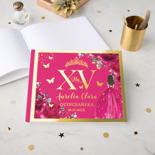 Fuchsia Pink Floral Quinceañera Quince 15 XV Gold ゲストブック (正面見開き)