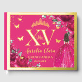 Fuchsia Pink Floral Quinceañera Quince 15 XV Gold ゲストブック (正面)