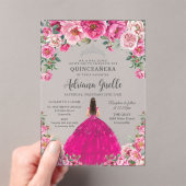 Fuchsia Pink Floral Silver Quinceanera XV Birthday アクリル招待状 (インサイチュ (ポータブル))