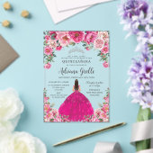 Fuchsia Pink Floral Silver Quinceanera XV Birthday アクリル招待状 (インサイチュ (ウェディング))