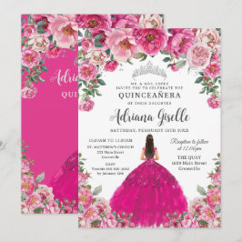 Fuchsia Pink Floral Silver Quinceanera XV Sweet 16 招待状