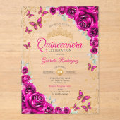 Fuchsia Pink Gold Floral Quinceanera アクリル招待状 (正面)