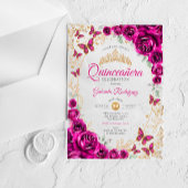 Fuchsia Pink Gold Floral Quinceanera アクリル招待状