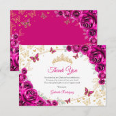 Fuchsia Pink Gold Floral Quinceanera サンキューカード (正面/裏面)