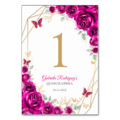 Fuchsia Pink Gold Floral Quinceanera テーブルナンバー (裏面)