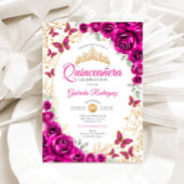 Fuchsia Pink Gold Floral Quinceanera 招待状
