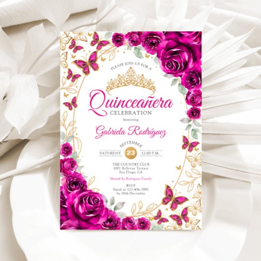 Fuchsia Pink Gold Floral Quinceanera 招待状