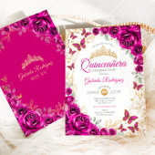 Fuchsia Pink Gold Floral Quinceanera 招待状