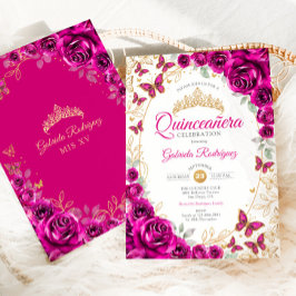 Fuchsia Pink Gold Floral Quinceanera 招待状