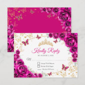 Fuchsia Pink Gold Floral Quinceanera Reply 出欠カード (正面/裏面)