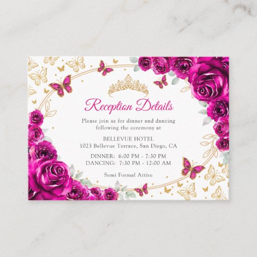 Fuchsia Pink Gold Quinceanera Reception Details エンクロージャーカード (正面)