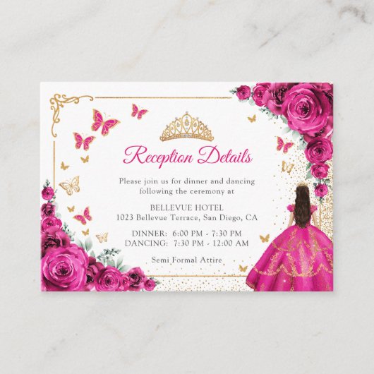 Fuchsia Pink Gold Quinceanera Reception Details エンクロージャーカード (正面)