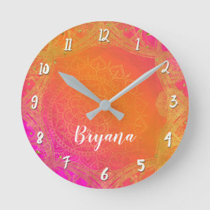 Fuchsia Pink Orange & Gold Indian Mandala Glam ラウンド壁時計