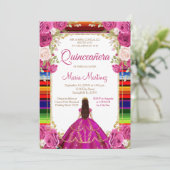Fuchsia Pink Princess Floral Mexican Quiñceanera 招待状 (スタンド正面)