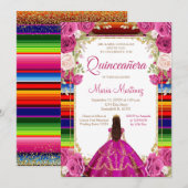 Fuchsia Pink Princess Floral Mexican Quiñceanera 招待状 (正面/裏面)