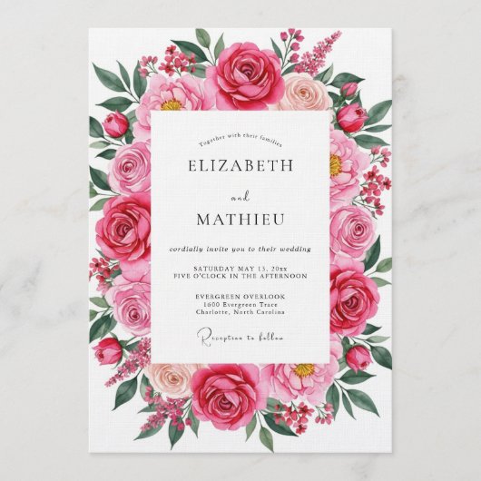 Fuchsia Pink Romantic Spring Wedding 招待状 (正面)