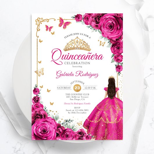 Fuchsia Pink Roses Gold Quinceanera Elegant Chic 招待状