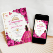 Fuchsia Pink Roses Gold Quinceanera Elegant Chic 招待状