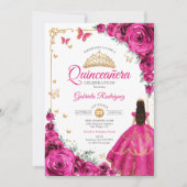 Fuchsia Pink Roses Gold Quinceanera Elegant Chic 招待状 (正面)