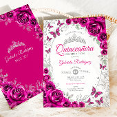 Fuchsia Pink Silver Floral Quinceanera 招待状