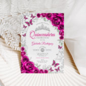 Fuchsia Pink Silver Floral Quinceanera 招待状
