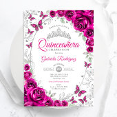 Fuchsia Pink Silver Floral Quinceanera 招待状
