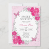 Fuchsia Pink Silver Sweet Sixteen 16th Birthday 招待状 (正面)