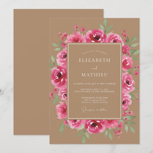 Fuchsia Romantic Floral Wedding 招待状 (正面/裏面)