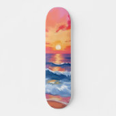 Fuchsia Shore Sunset | Ocean Waves Watercolor スケートボード (正面)