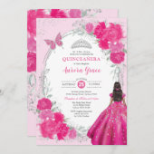 Fuchsia Silver Quinceañera Flower 15th Birthday 招待状 (正面/裏面)