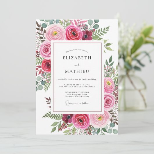 Fuchsia Vivid Watercolor Wedding 招待状 (スタンド正面)