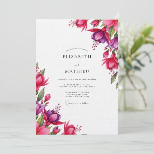 Fuchsia Watercolor Bloom Wedding 招待状 (スタンド正面)