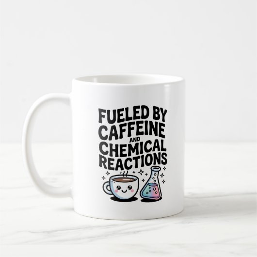 Fueled by Caffeine and Chemical Reactions Kawaii コーヒーマグカップ (左)