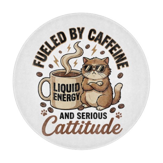 Fueled by Caffeine and Serious Cattitude Funny Cat カッティングボード (正面)