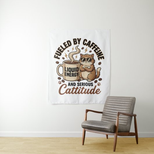 Fueled by Caffeine and Serious Cattitude Funny Cat タペストリー (インサイチュ)