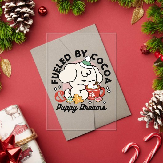 Fueled by Cocoa and Puppy Dreams – Cute Winter Dog アクリル招待状 (インサイチュ (クリスマス))