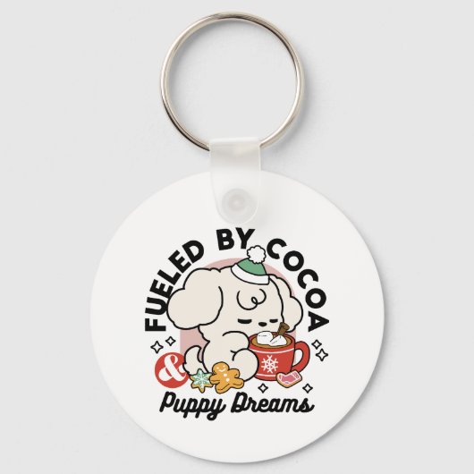Fueled by Cocoa and Puppy Dreams – Cute Winter Dog キーホルダー (正面)