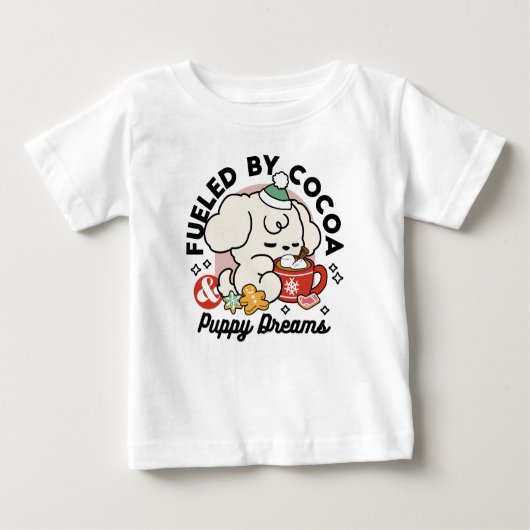 Fueled by Cocoa and Puppy Dreams – Cute Winter Dog ベビーTシャツ (正面)